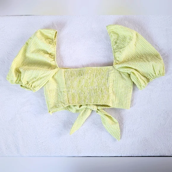 💕 Zara NEW Lime Yellow Gingham Plaid Crop Bubble Sleeves Checkered Knot Zipper - Picture 4 of 15
